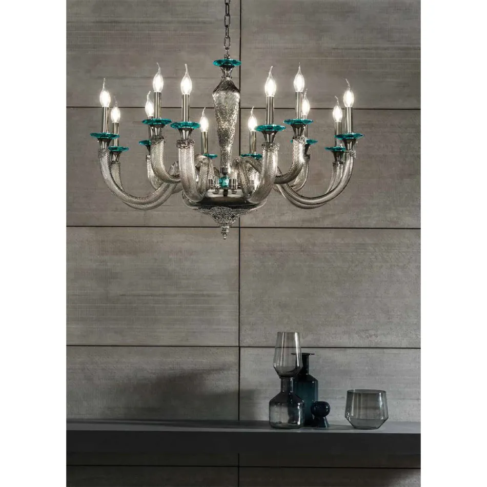 Candelabru clasic 12 lumini din sticla si cristale lucrate manual - Magrena Viadurini