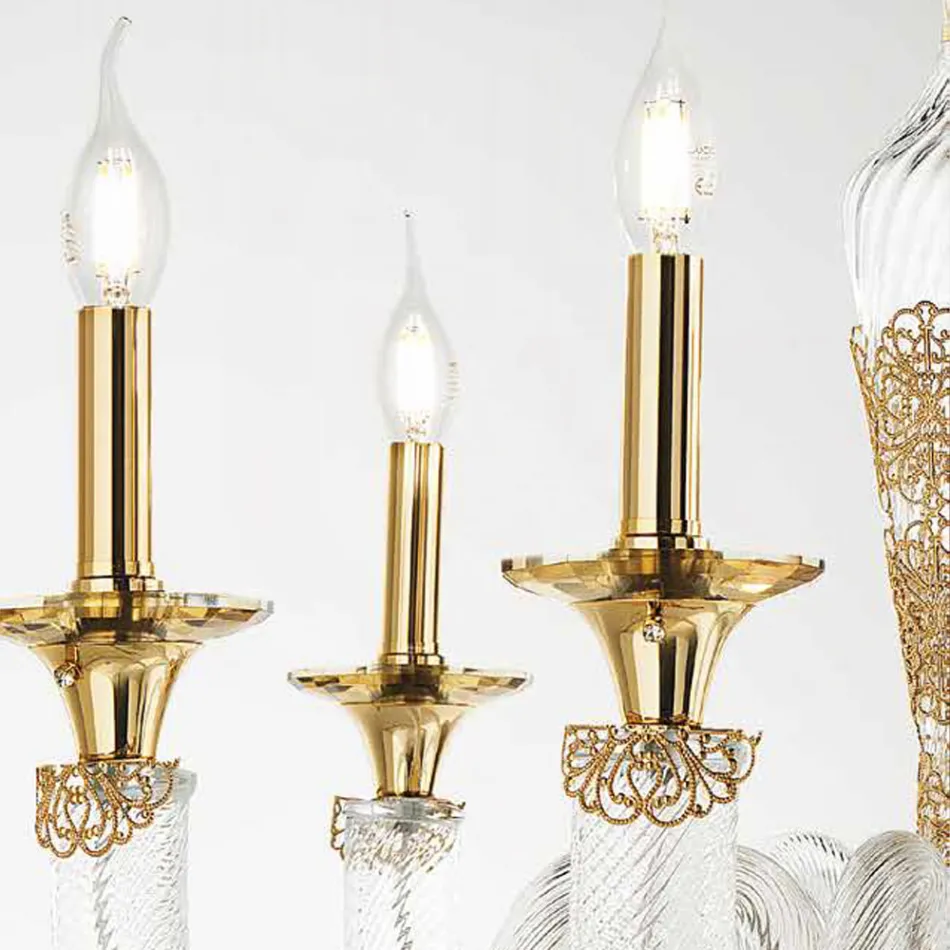 Candelabru clasic 12 lumini din sticla si cristale lucrate manual - Magrena Viadurini