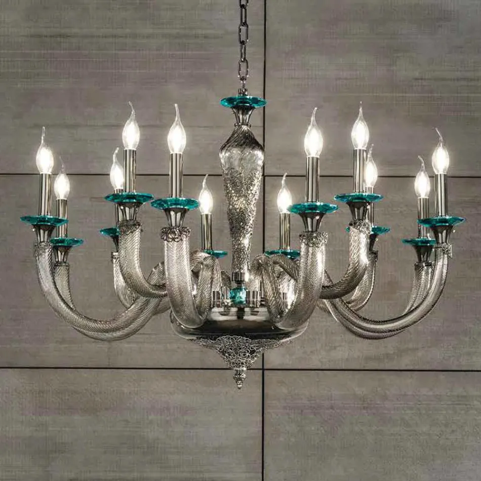 Candelabru clasic 12 lumini din sticla si cristale lucrate manual - Magrena Viadurini