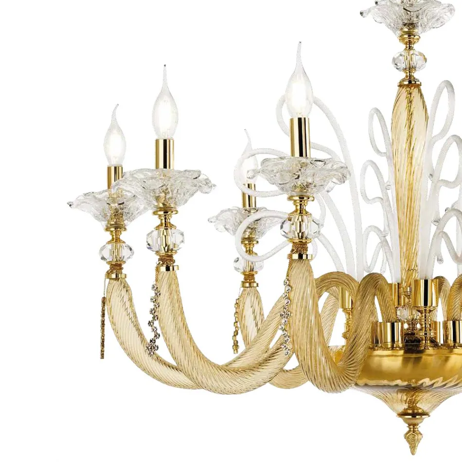 Candelabru Clasic 16 Lumini Sticla Suflata Detalii Florale - Bluminda Viadurini