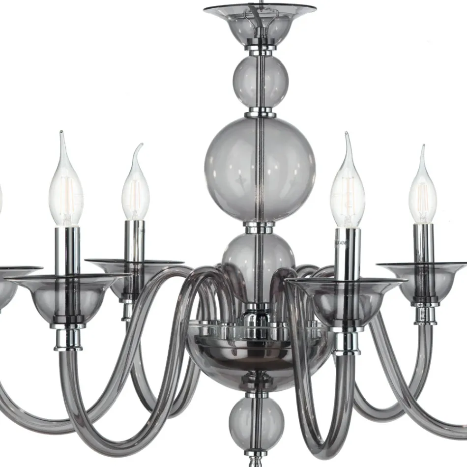 Candelabru Clasic 6 Lumini Sticla Afumata Realizat Manual Italian si Metal - Memore Viadurini