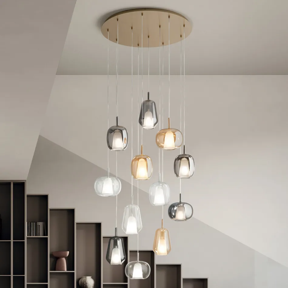 Candelabru cu 12 Lumini din Sticlă și Sârmă Transparentă Made in Italy - Trilly Viadurini
