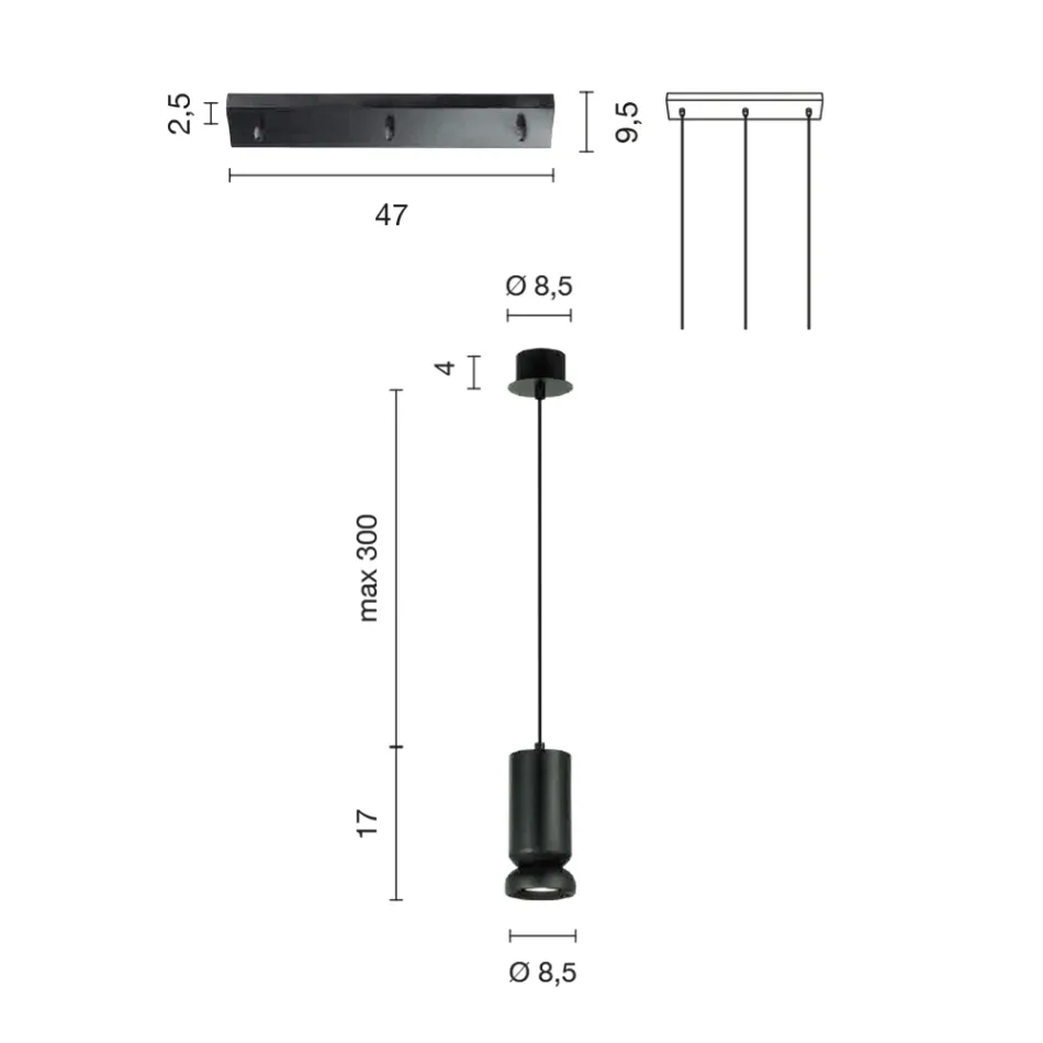 Candelabru cu 3 LED-uri din aluminiu vopsit cu pulbere și cablu reglabil - Buxus Viadurini