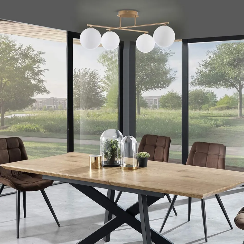 Candelabru din metal auriu metalic și 4 sfere de sticlă albă - Veneția Viadurini