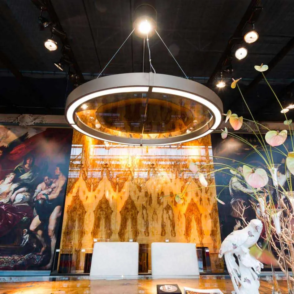 Candelabru modern din oțel și sticlă cu inserție din lemn Fabricat în Italia - Seul Viadurini