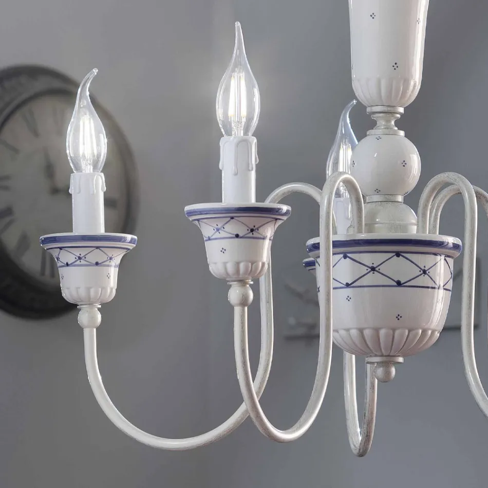 Candelabru pentru camera de zi cu 5 lumini din ceramica pictata manual si alama - Sanremo Viadurini