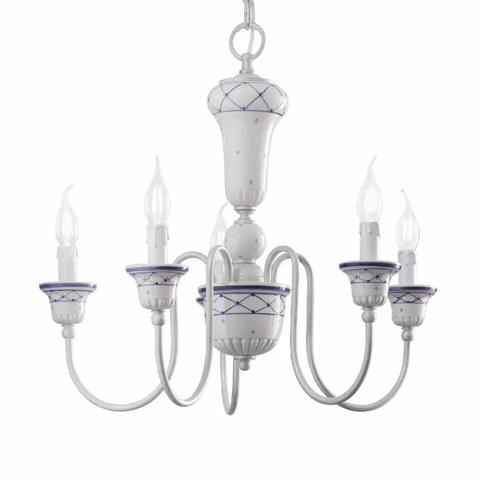 Candelabru pentru living cu 5 lumini din ceramica pictata manual si alama - Sanremo Viadurini