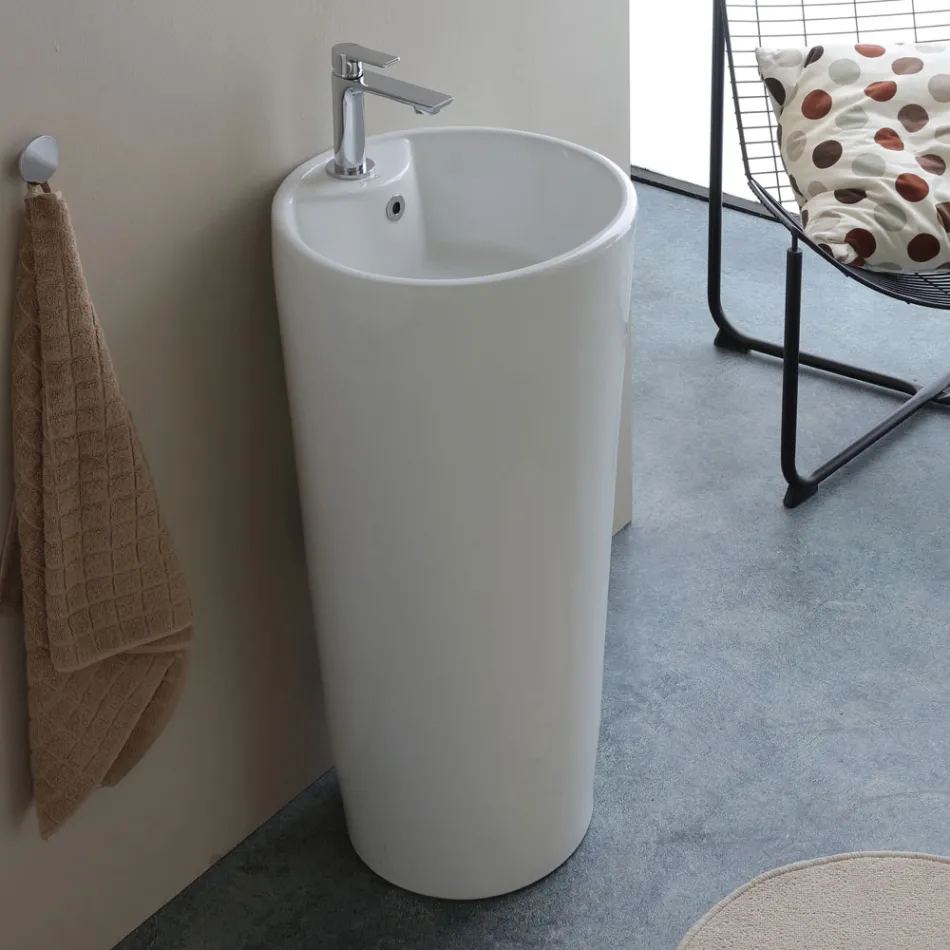 Lavoar modern rotund independent din ceramică albă - Papavero Viadurini