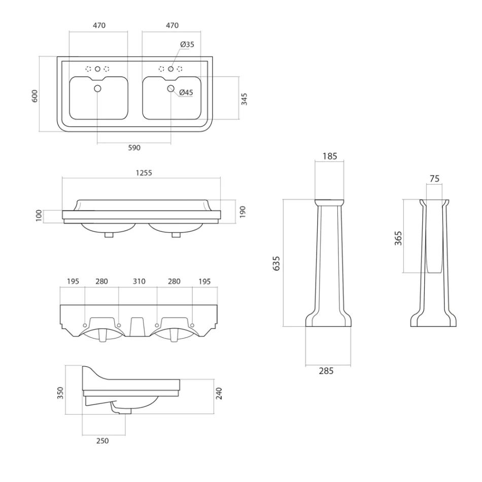 Chiuvetă cu consolă coloană în dublu din ceramică, fabricat în Italia - Wollie Viadurini