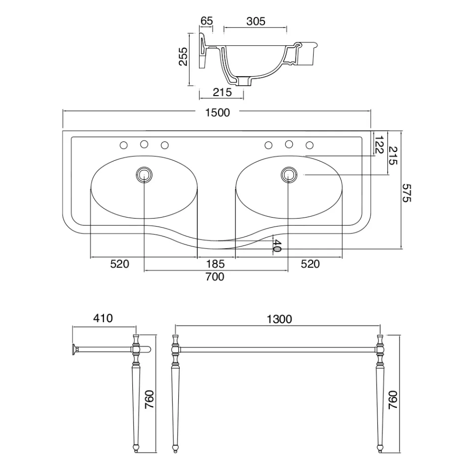 Lavoar Consola cu Vas Dublu Ceramic, Made in Italy Vintage - Paulina Viadurini