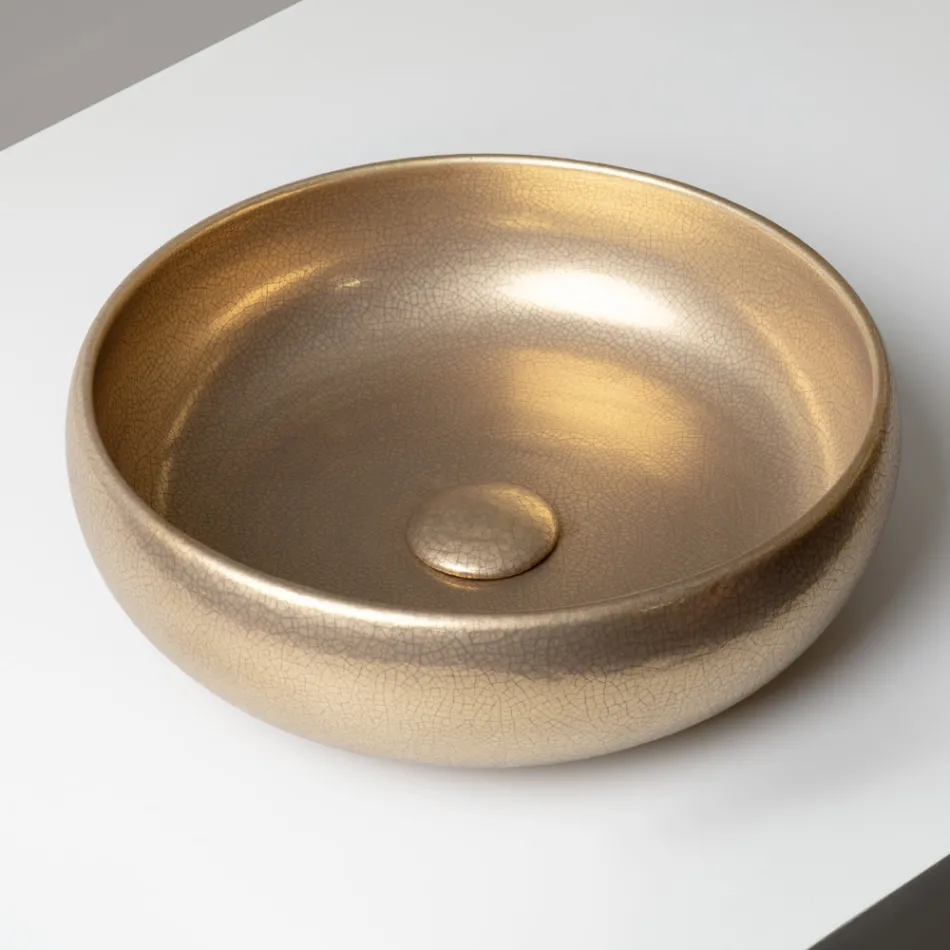 Chiuvetă de blat din lut Raku metalic, strunjită manual - Prisma Viadurini