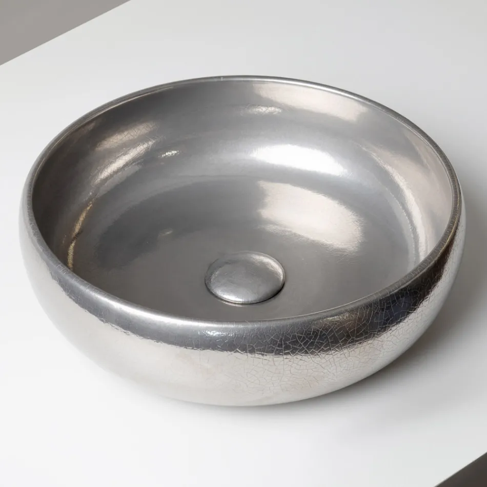 Chiuvetă de blat din lut Raku metalic, strunjită manual - Prisma Viadurini