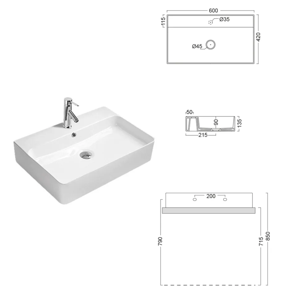 Chiuvetă ceramică de blat cu orificiu pentru baterie de design modern - Papavero Viadurini