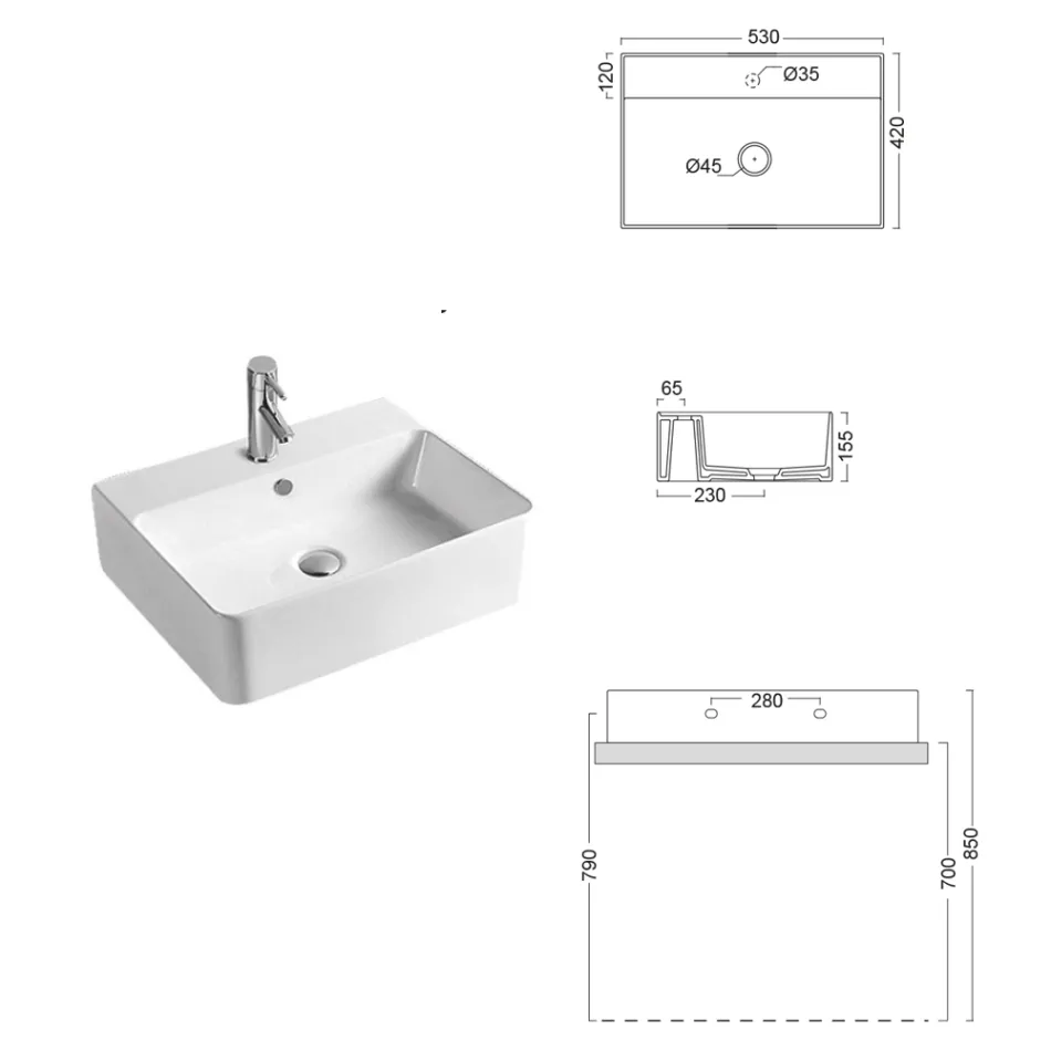 Chiuvetă ceramică de blat cu orificiu pentru baterie de design modern - Papavero Viadurini