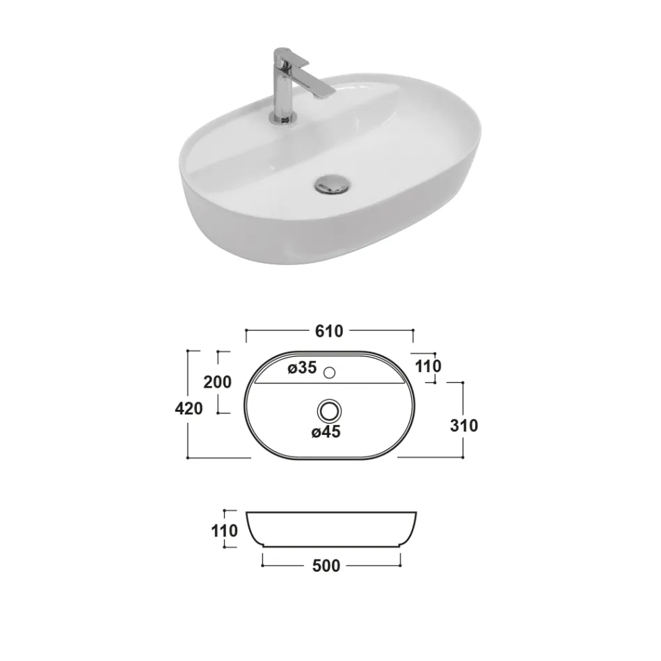 Chiuvetă ceramică de blat cu orificiu pentru baterie de design modern - Papavero Viadurini