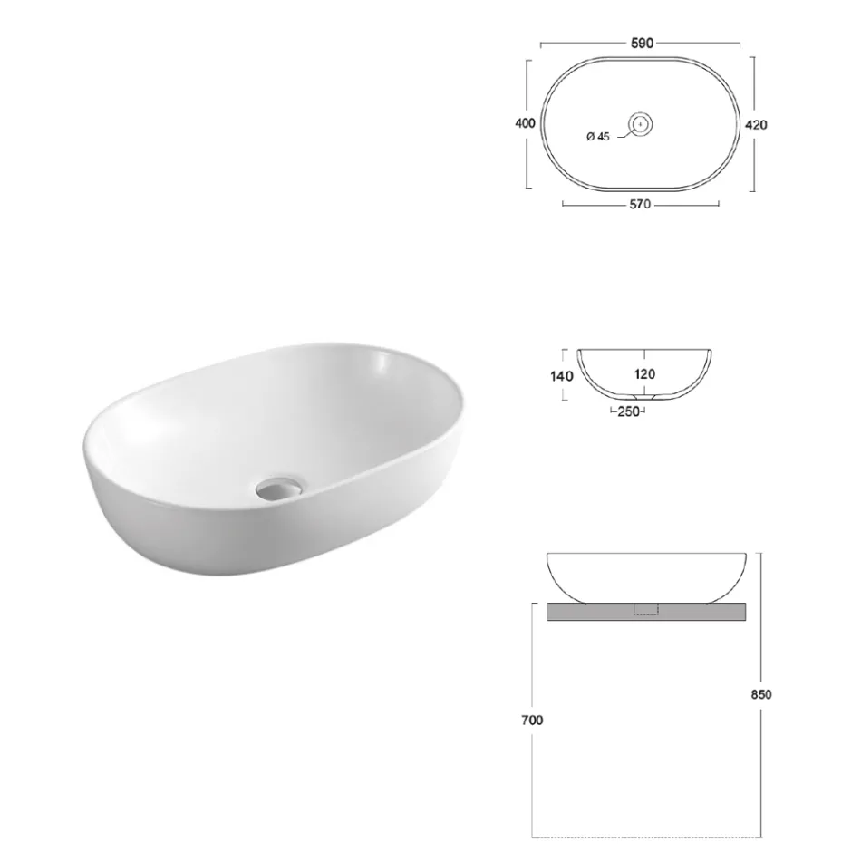 Lavoar oval de blat din ceramică albă cu design modern - Papavero Viadurini