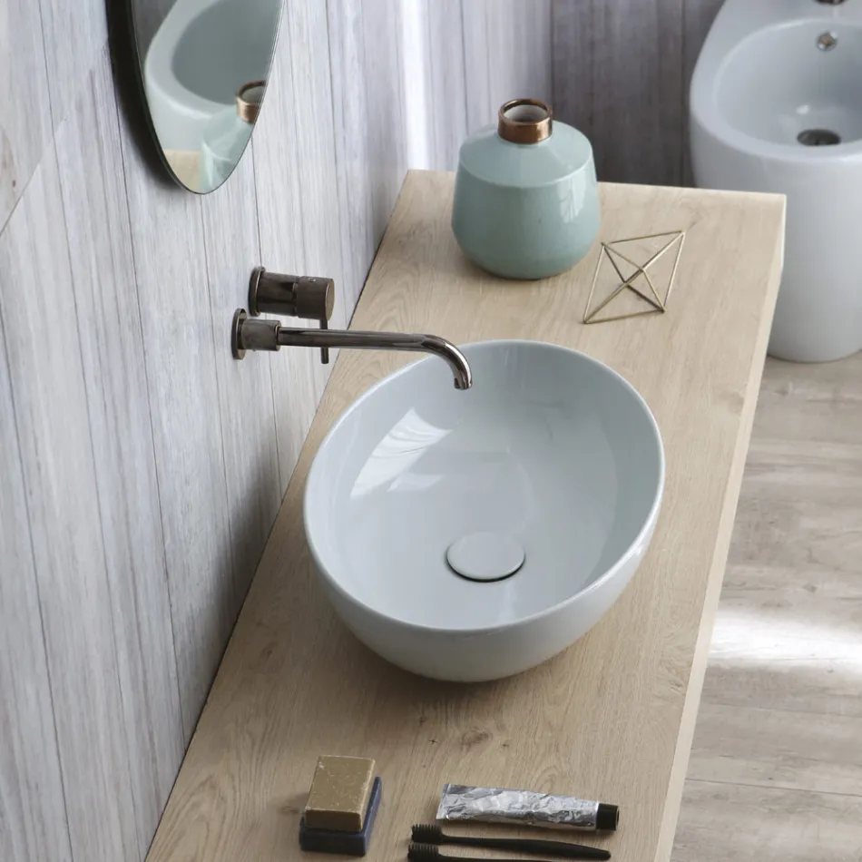 Chiuvetă ovală pe blat din ceramică lucioasă Made in Italy - Feribot Viadurini