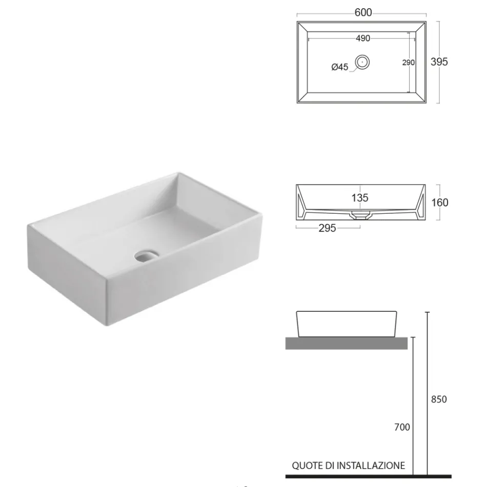 Lavoar de blat dreptunghiular din ceramică cu design modern - Papavero Viadurini