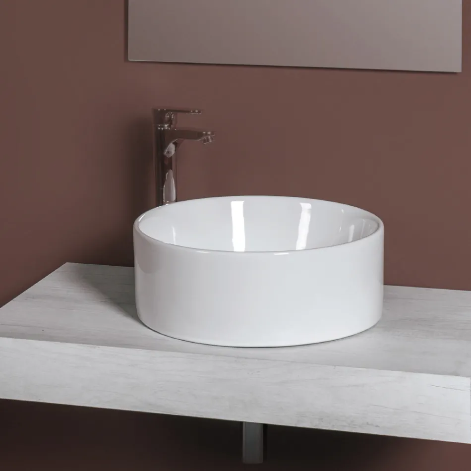 Lavoar rotund de blat din ceramică albă și design modern - Papavero Viadurini