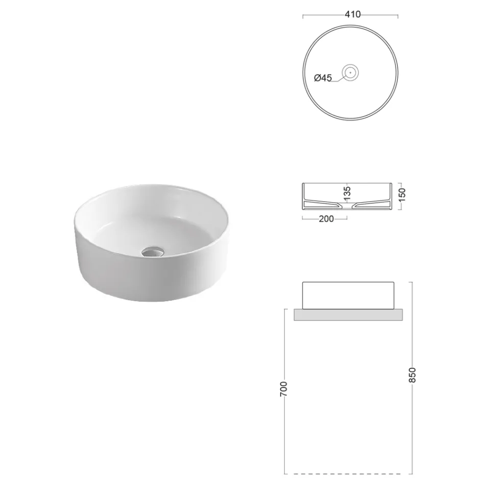 Lavoar rotund de blat din ceramică albă și design modern - Papavero Viadurini