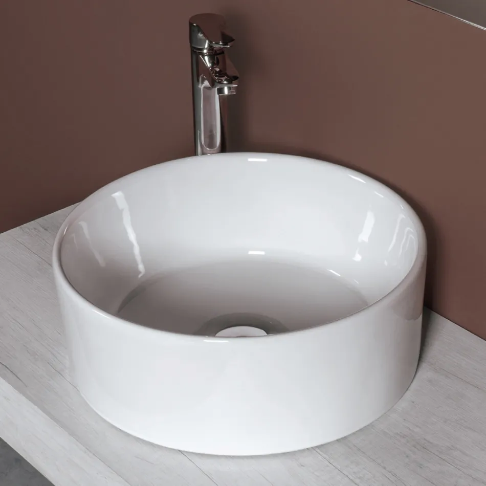Lavoar rotund de blat din ceramică albă și design modern - Papavero Viadurini