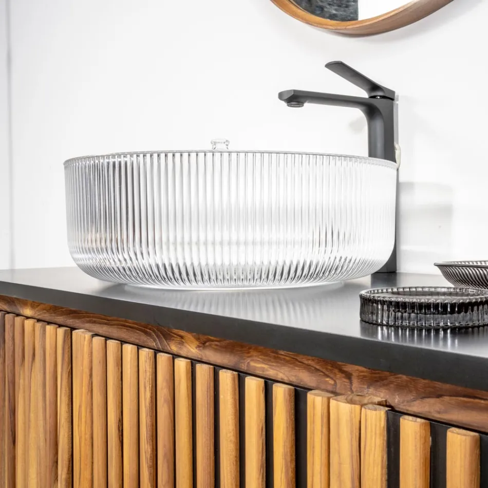 Lavoar rotund pe blat din sticla venetiana Plissè Made in Italy - Zircon Viadurini