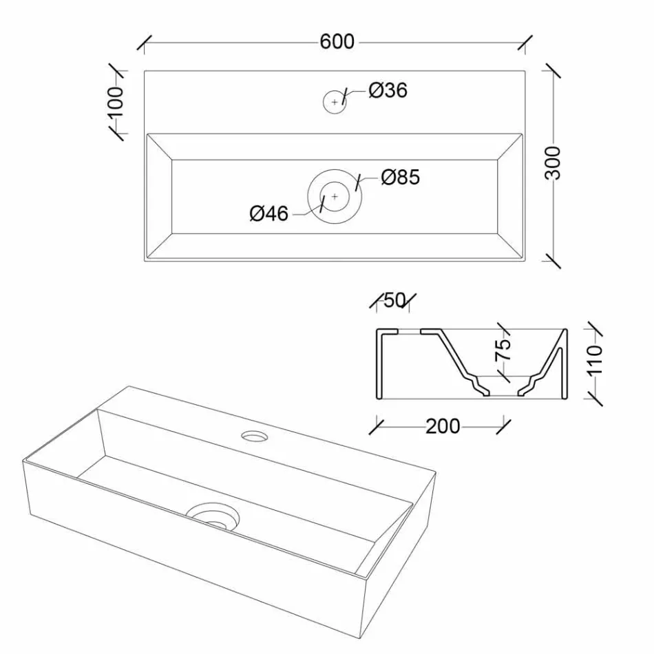 Blat dreptunghiular modern sau lavoar suspendat 60x30 cm în ceramică - Act Viadurini