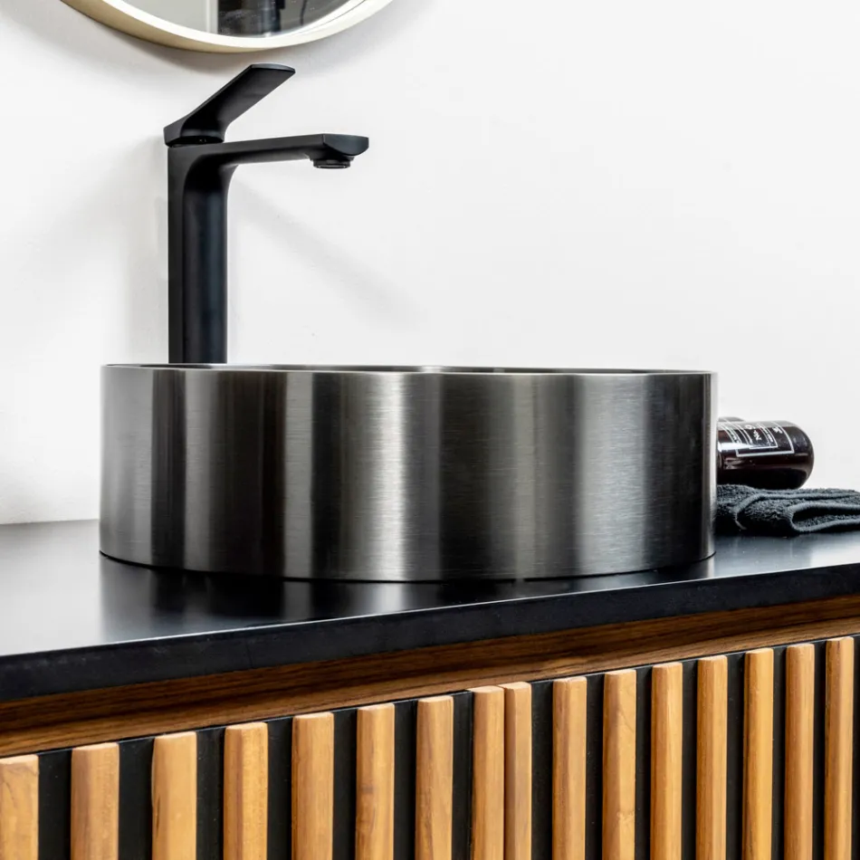 Lavoar rotund pe blat din otel inoxidabil in diferite finisaje - Fiordaliso Viadurini