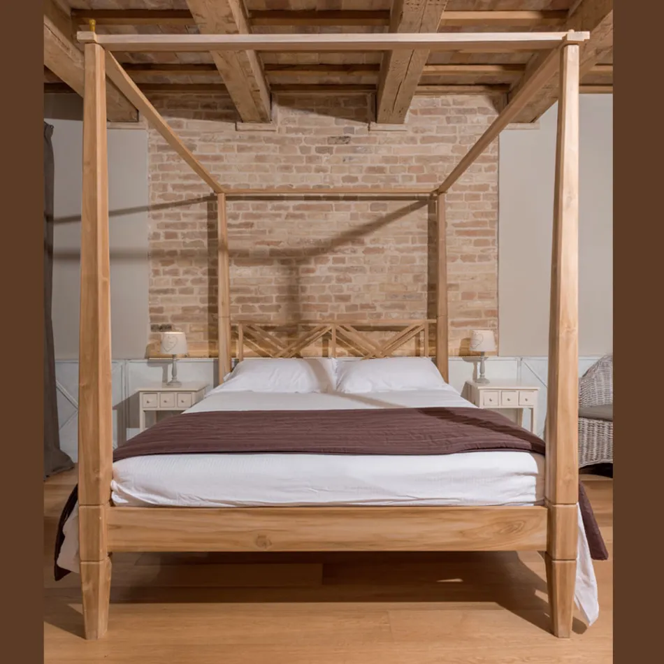 Pat dublu 160x200 cu baldachin din lemn masiv de tec - Acuarelă Viadurini