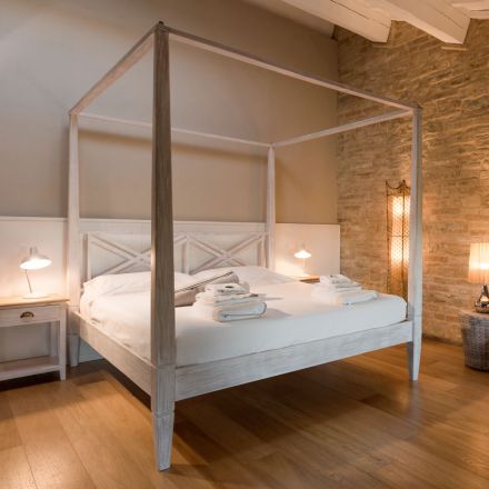 Pat dublu 160x200 cu baldachin din lemn masiv de tec - Acuarelă Viadurini