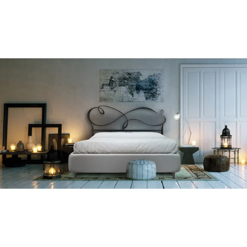 Pat dublu cu cadru pat tapitat in diferite finisaje Made in Italy - Design Viadurini