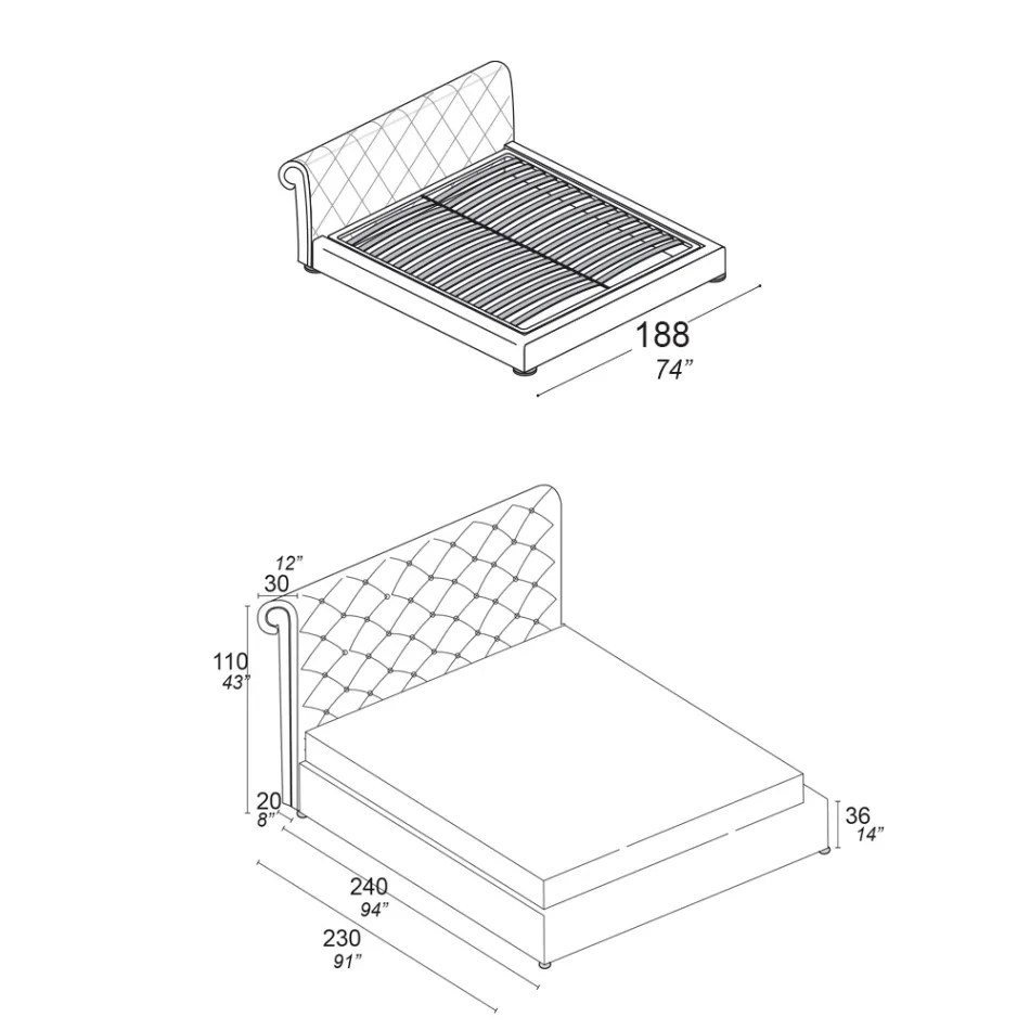 Pat dublu cu căptușeală capitonné și picioare din lemn - Briosco Viadurini