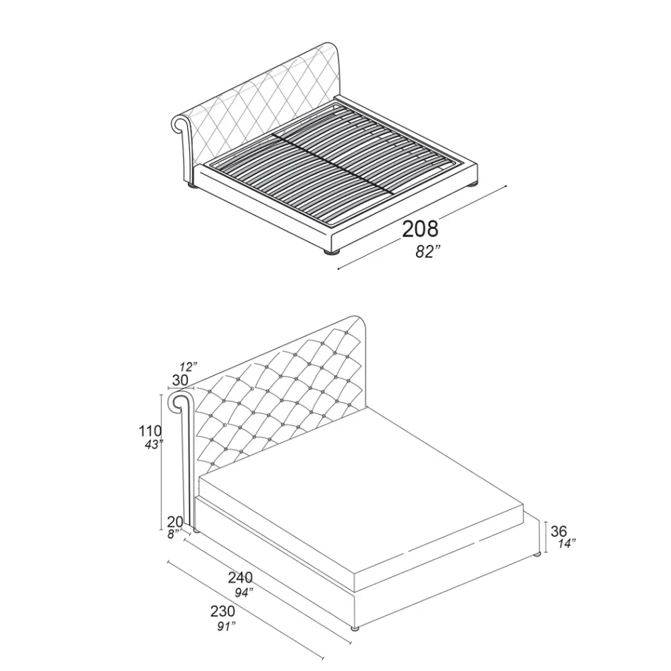 Pat dublu cu căptușeală capitonné și picioare din lemn - Briosco Viadurini