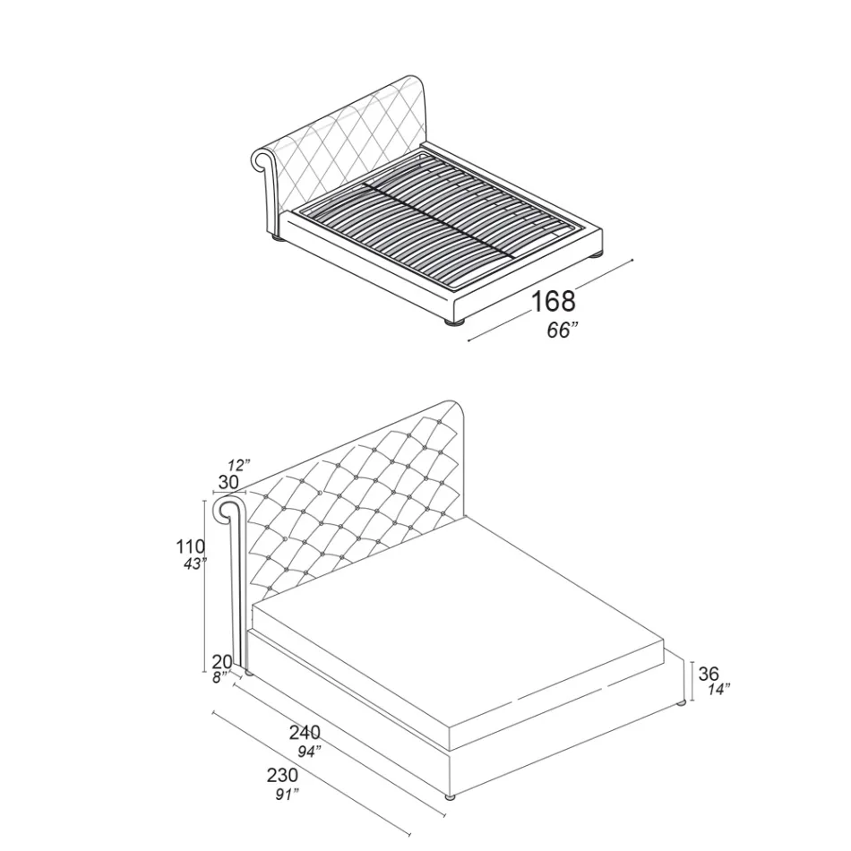 Pat dublu cu căptușeală capitonné și picioare din lemn - Briosco Viadurini