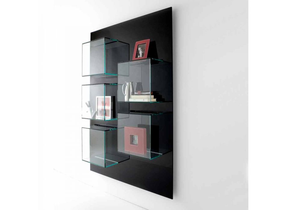 Bibliotecă de perete Panou din lemn negru și rafturi din sticlă 2 dimensiuni - Busuioc Viadurini