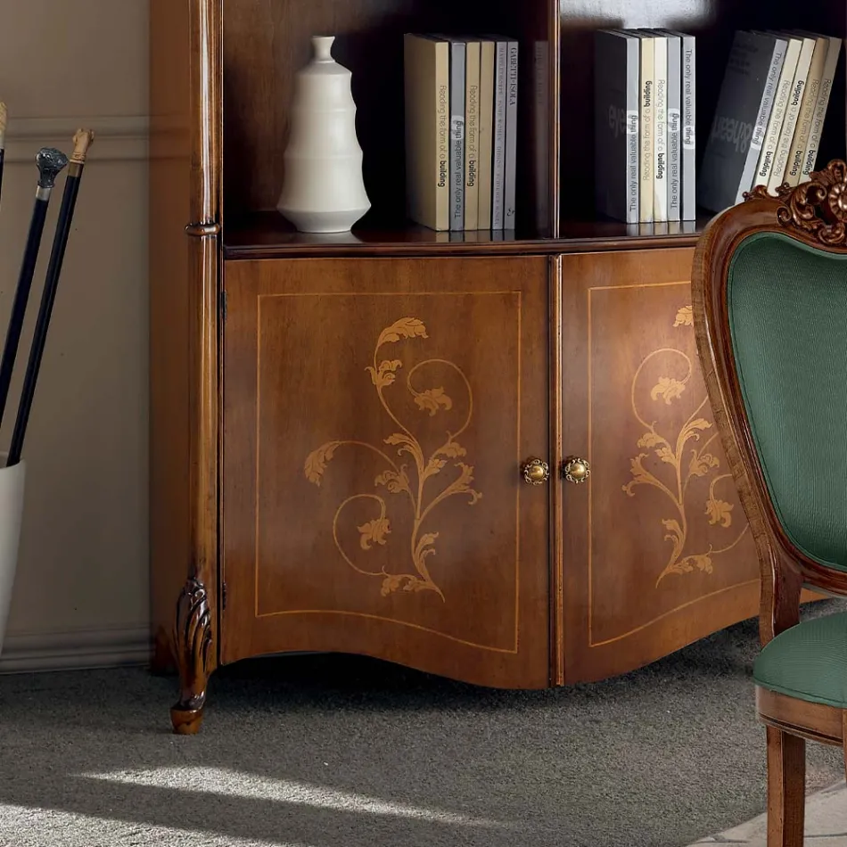 Bibliotecă din lemn de nuc incrustat Bassano cu uși Made in Italy - Commodo Viadurini