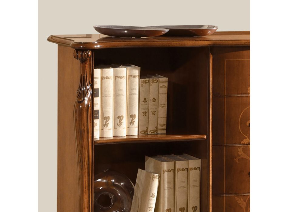 Biblioteca din lemn de nuc incrustat cu 4 sertare Made in Italy - Caligola Viadurini