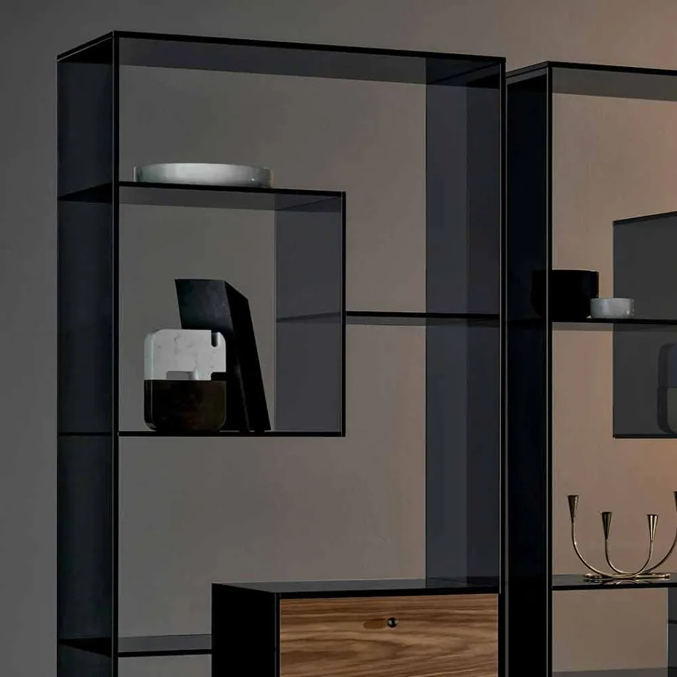 Bibliotecă din sticlă afumată cu sertar din lemn de nuc Canaletto Design italian - Linzy Viadurini