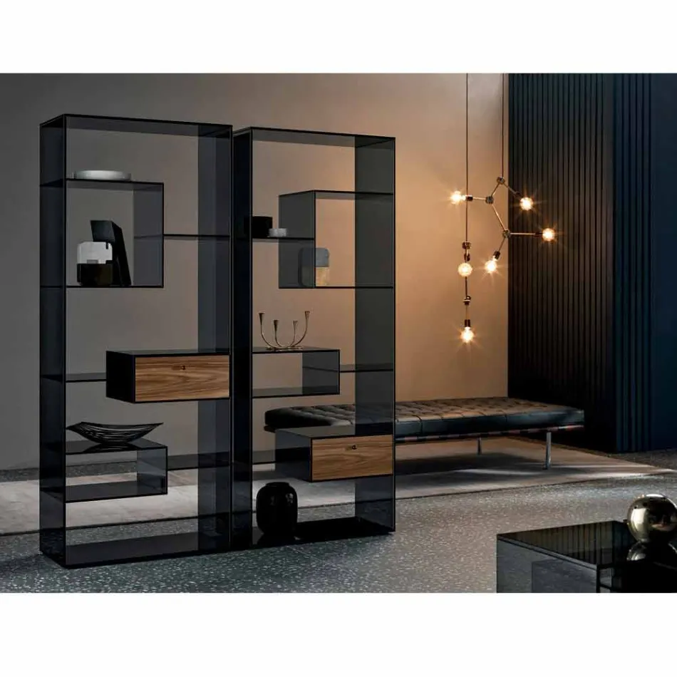 Bibliotecă din sticlă afumată cu sertar din lemn de nuc Canaletto Design italian - Linzy Viadurini