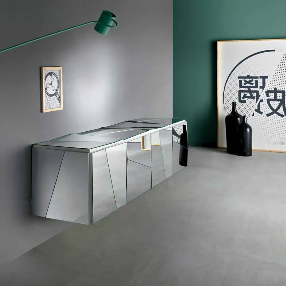 Buffet suspendat din lemn alb mat și ochelari cu oglindă - Senese Viadurini