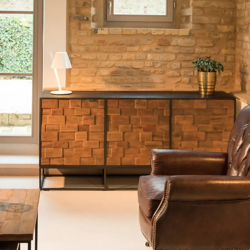 Bufetă cu 3 uși din lemn reciclat mozaic și structură metalică - Slide Viadurini