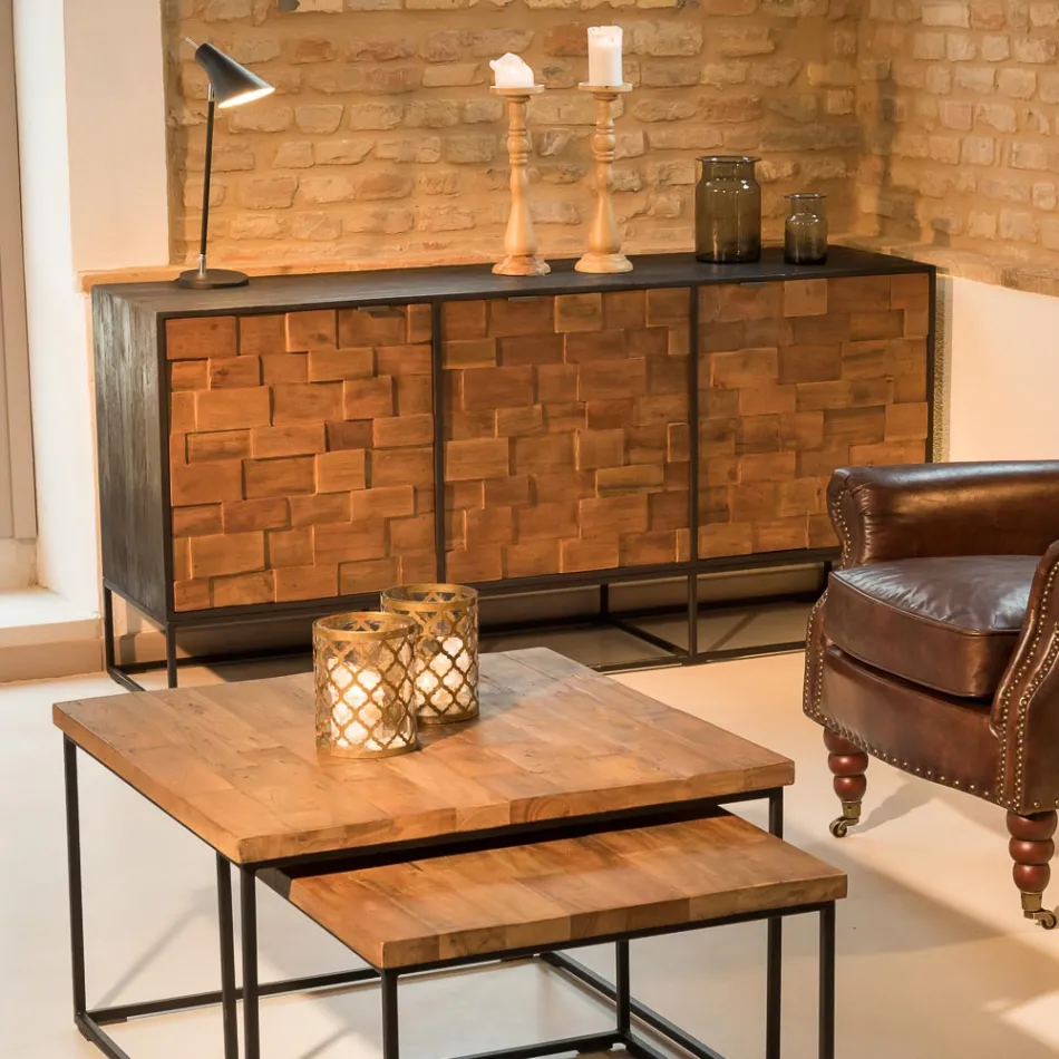 Bufetă cu 3 uși din lemn reciclat mozaic și structură metalică - Slide Viadurini