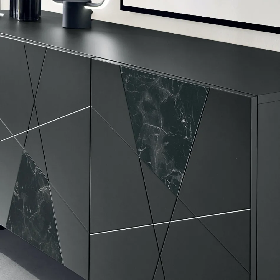 Bufet cu 3 uși din MDF lăcuit cu inserții din sticlă cu efect pantograf și marmură - Danila Viadurini