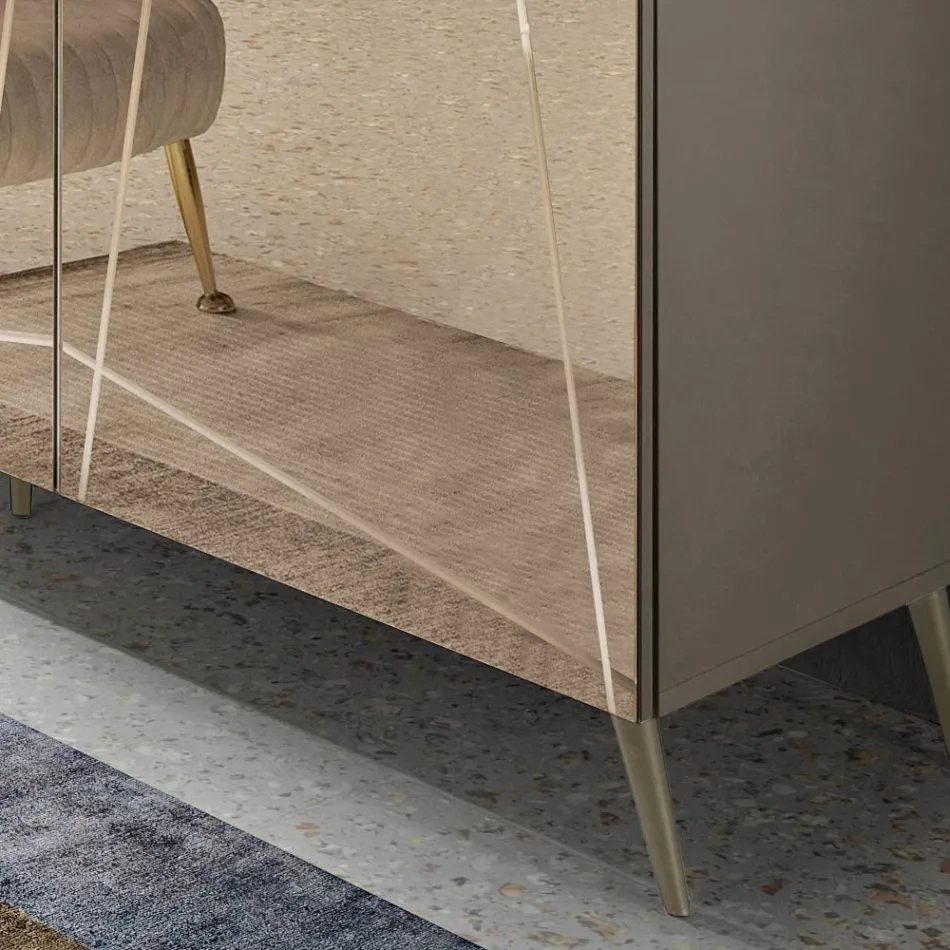 Bufet cu 3 uși din sticlă oglindită și bază metalică - Eleonora Viadurini