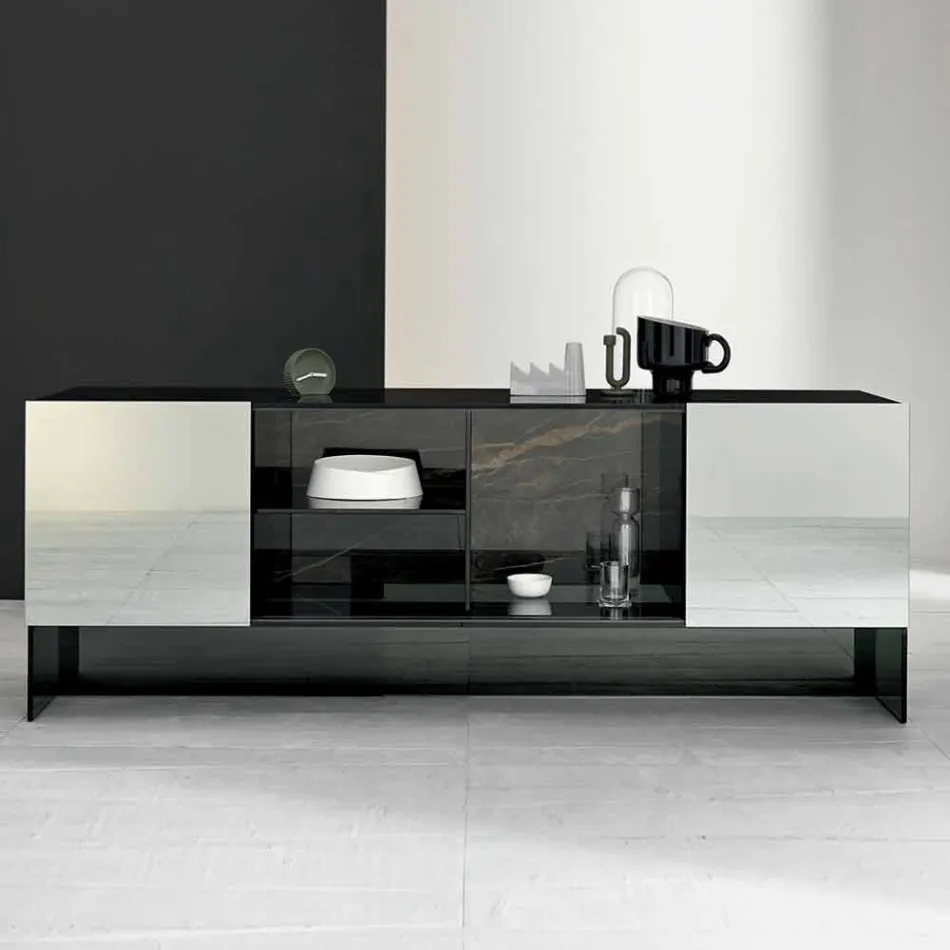 Sideboard Design cu 2 uși din sticlă afumată fabricată în Italia - Sciocca Viadurini