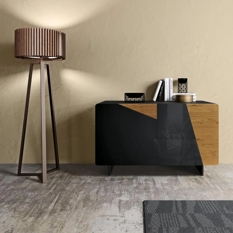 Bufetă pentru sufragerie cu 2 uși, finisaj stejar înnodat rustic și sticlă antracit - Ove Viadurini