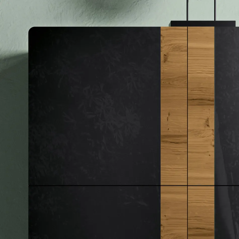 Bufetă pentru sufragerie cu 4 uși în finisaj de stejar înnodat rustic și sticlă antracit - Ove Viadurini