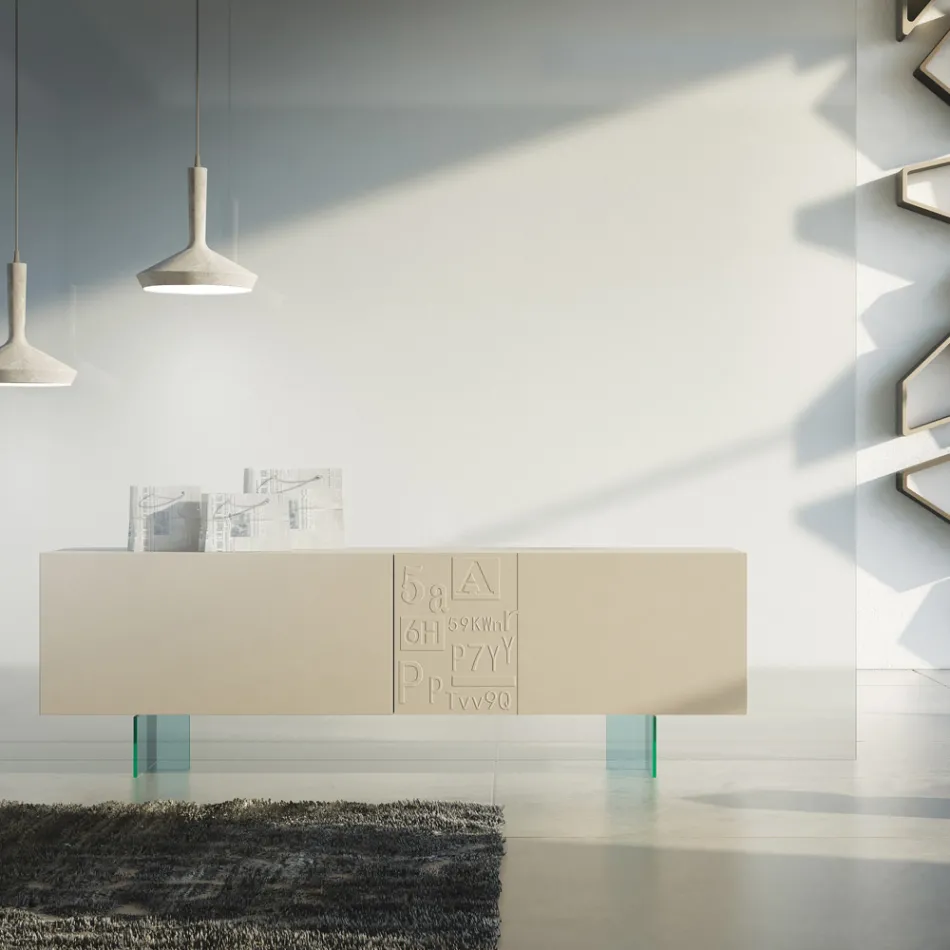 Bufetă pentru living din Mdf Lăcuit Mat și Sticlă Made in Italy - Ninetta Viadurini