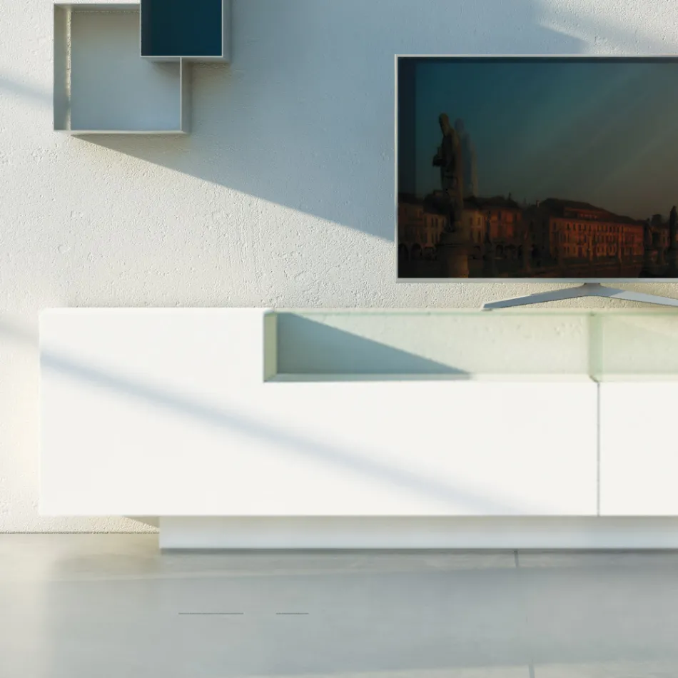 Bufetă din Mdf alb cu carcasă din sticlă și bază plintă Made in Italy - Kisha Viadurini