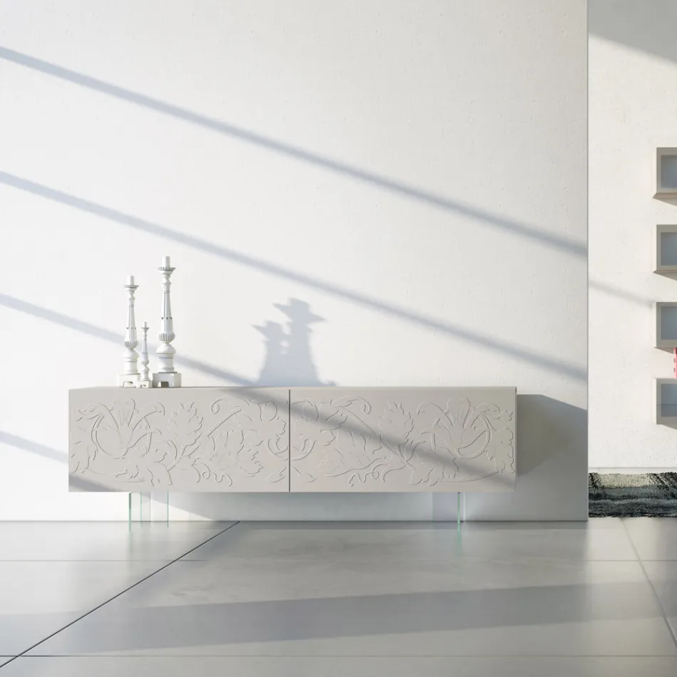 Bufeta din Mdf Gri deschis cu picioare din sticla Made in Italy - Germena Viadurini